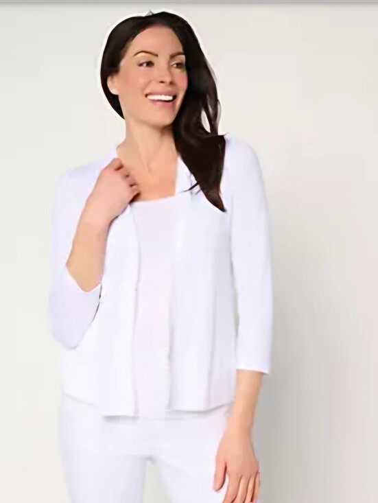 Susan Graver Sweaters - 1X Susan Graver White Cotton Slub Knit 3/4 Sleeve Shrug